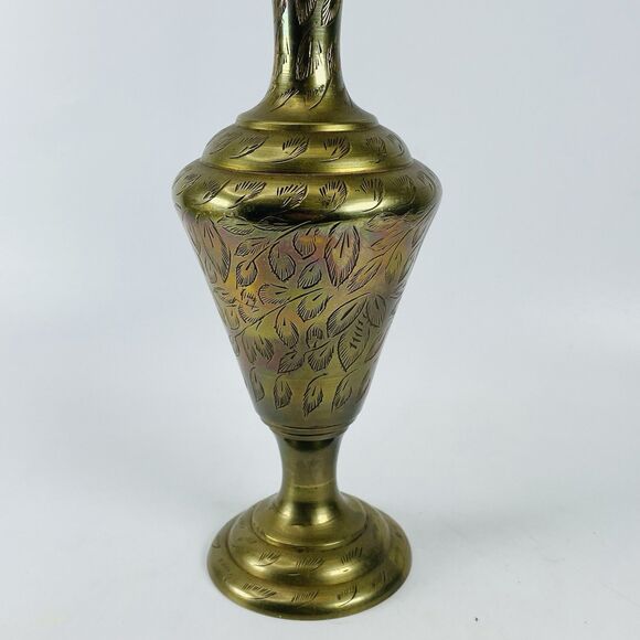 Vintage Etched Brass Ewer Urn Vase Pitcher Jug Cobra Handle Ornate 12in - Picture 5 of 8
